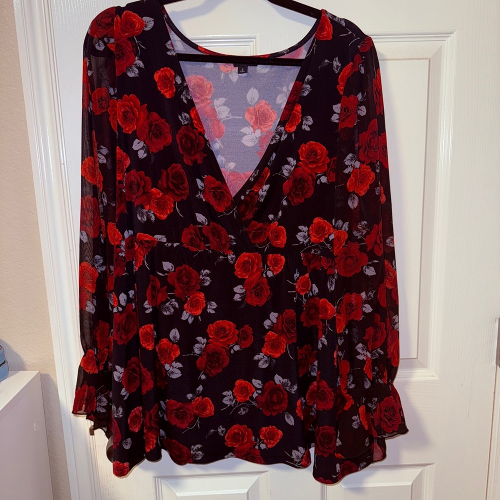Torrid Red Floral V-Neck Blouse with sheer sleeves